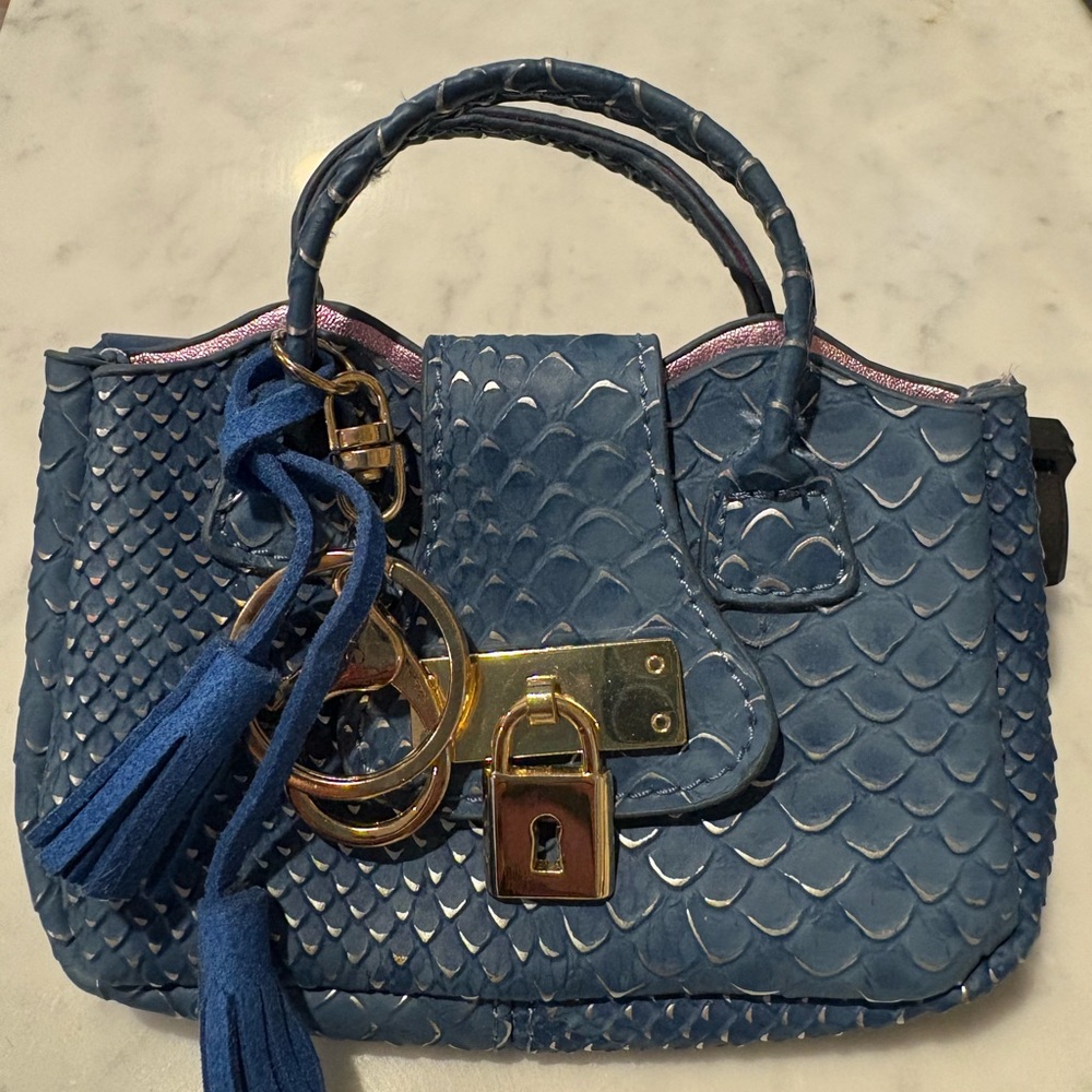 Mini Blue Faux Leather Handbag Charm / Keychain Purse with Gold Hardware